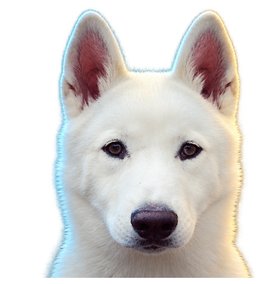 Polar, a white dog, lit with glacial aqua and restrained gold edge light
